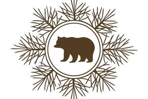 Bear silhouette in circle with pine branch pattern forest animal theme, rustic wilderness design, symbolizing nature vector