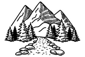 Mountain landscape with pine trees and winding rocky path scenic wilderness outdoors, nature adventure illustration vector