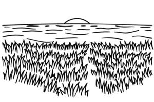 Minimalist grass field landscape with sunset horizon summer meadow, serene nature, peaceful sky, line art drawing vector