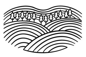 Rolling hills with rows of stylized trees, simple black line art landscape, abstract countryside illustration vector