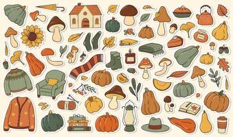 Fall-themed illustration with pumpkins and mushrooms vector