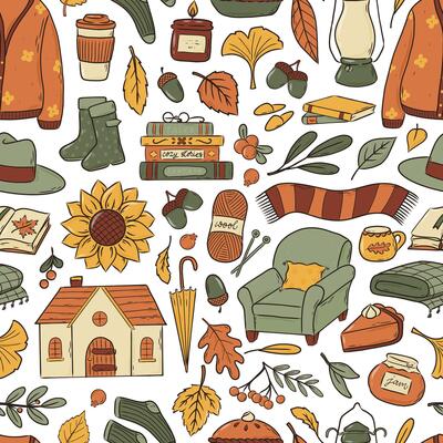 Autumn and Thanksgiving seamless pattern with doodles and cartoon elements for wallpaper, digital paper, textile prints, scrapbooking, wrapping paper, etc. EPS 10