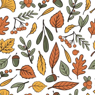 Autumn leaves seamless pattern decorated with cartoon doodles for nursery prints, wallpaper, textile, wrapping paper, digital paper, backgrounds, etc. EPS 10