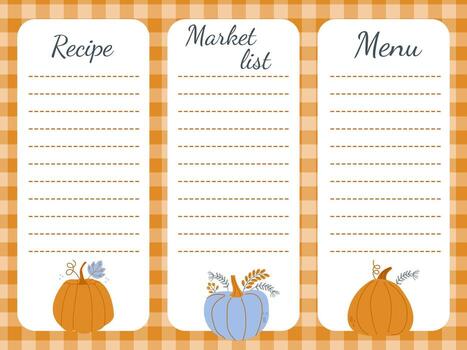 A set of pages for writing down menus, recipes and grocery lists on an autumn theme with pumpkins vector