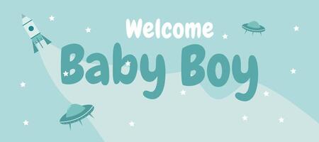 banner for baby boy newborn with little rocket and stars in blue color vector
