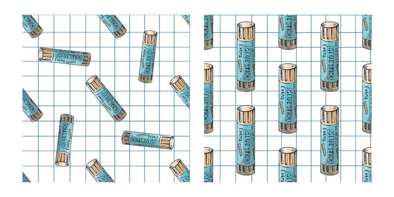 Hand drawn vintage seamless pattern set of glue sticks on squared notebook paper background, colored illustration