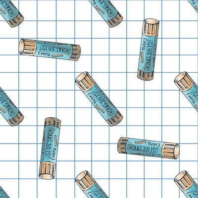 Hand drawn vintage seamless pattern of blue glue stick on squared notebook paper background, colored illustration