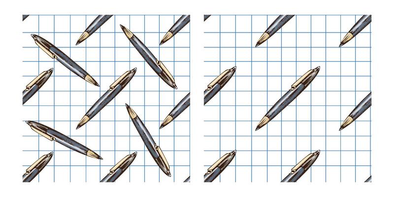 Hand drawn vintage seamless pattern of ballpoint pens with golden clip on grid paper