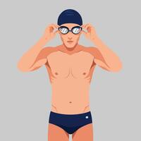 Athletic Man Wearing Swimming Cap and Goggles in Studio Portrait vector