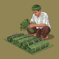Man Preparing Green Herb Bundles on Banana Leaf Mat vector