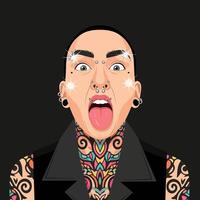 Person with Many Piercings Screaming with Open Mouth on Black Background vector
