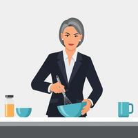 Woman in Suit Whisking in Bowl Preparing Food at Counter vector