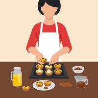 Woman Baking Custard Tarts with Yellow Filling in White Apron vector