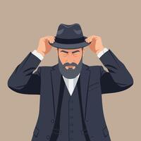 Stylish Bearded Man Adjusting Gray Hat Wearing Dark Suit vector