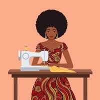 Woman Sewing Dress with Machine Crafting Fashion Design at Home vector