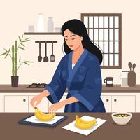 Woman Arranging Banana Fruit at Kitchen Counter in Preparation vector