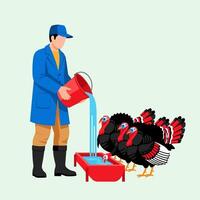 Man Filling Water Trough for Turkeys with Red Bucket Flat Illustration vector