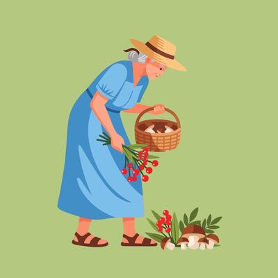 Elderly Woman Gathering Red Berries and Mushrooms in Light Green Setting