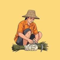 Person Preparing Rice Bundle for Harvest with Straw Hat Illustration vector