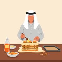 Man Preparing Arabic Pastry with Brush on Wooden Table vector