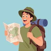 Smiling Hiker Holding Map Wearing Green Hat on Blue Background vector