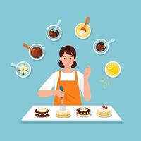 Woman Baking Cakes with Whisk and Ingredients on Blue Background vector