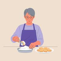Person Coating Pastry with Sugar for Dessert Preparation at Home vector