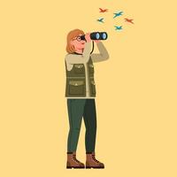Enthusiastic Woman Watching Colorful Birds with Binoculars on Tan Background vector
