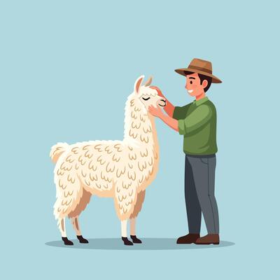 Smiling Man Petting Cream Colored Llama Wearing Hat on Blue Background