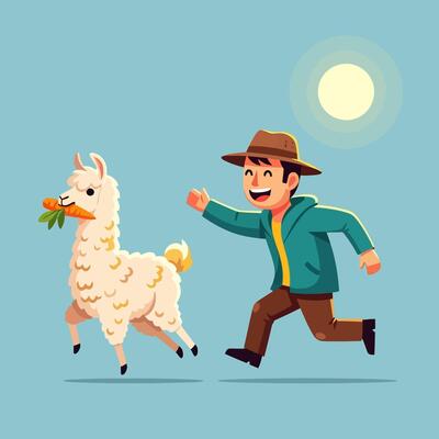 Cheerful Man Running After White Llama Holding Carrots Outdoors