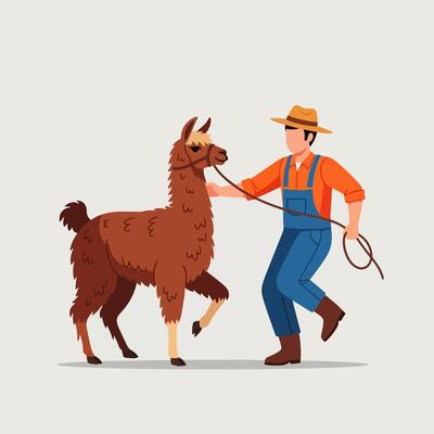 Brown Llama Being Led by Person Wearing Overalls and Hat