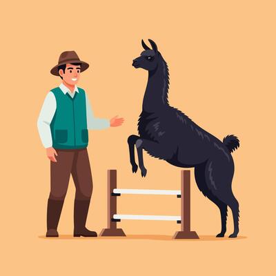 Black Llama Jumping Over Fence with Man in Hat on Tan Background
