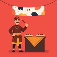 Man Holding Skewer Wearing Traditional Clothing on Red Background vector