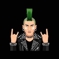 Expressive Punk Man Wearing Spiked Jacket Showing Rock Hand Sign on Black vector