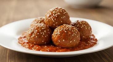 A plate of meatballs on a table photo