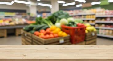 Wood table top in supermarket with blurred background photo