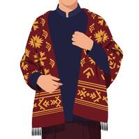 Person Wearing Patterned Maroon Shawl on Dark Blue Top Flat vector