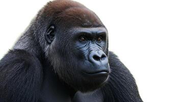 A gorilla is sitting in front of a white background photo