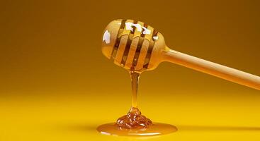 Honey dripping from a wooden stick on a yellow background photo