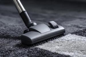 A close up of a vacuum cleaner head on a gray and white carpet showing cleaning in progress photo