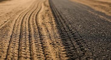 A close up of a dirt road with tire tracks photo