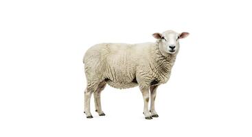 A sheep is standing in front of a white background photo