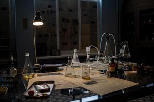 Laboratory Setup With Glassware and Equipment for Scientific Experimentation at Night in a Modern Space photo