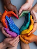 Hands of Diversity Creating a Rainbow Heart Symbolizing Pride and Inclusivity in a Vibrant Display of Unity photo