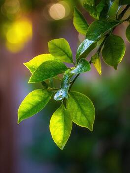 Lemon Tree Branch Illuminated by Backlight With Vibrant Green Leaves and Soft Bokeh in the Background photo