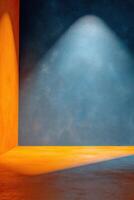 Abstract interior featuring contrasting colors of blue and orange, accented by a beam of soft overhead light. photo