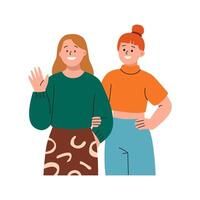 Two happy girls, one waving, standing together. vector