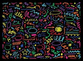 Marker scribble elements collection. Grunge hand drawn shapes, icons, strokes, underlines, wave brush marks. Colored set isolated on black background. vector