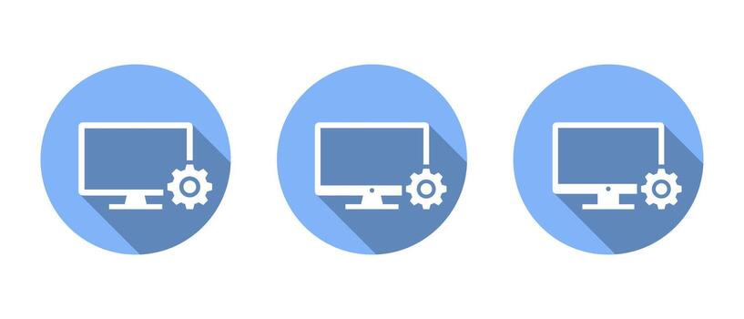computadora preparar icono colocar. monitor con configuración engranaje símbolo. sistema mantenimiento y ajustes concepto con largo sombra vector