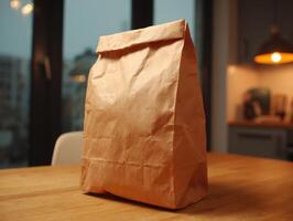 A brown paper bag sits on a wooden table in a room with soft lighting and a blurred background. photo